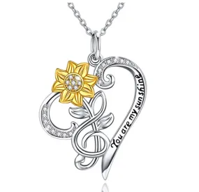 925 Silver Flower Necklace Treble Clef Diamond Heart Note Music Flower Pendant Mothers Day Anniversary Jewelry Singer Gift 20in.