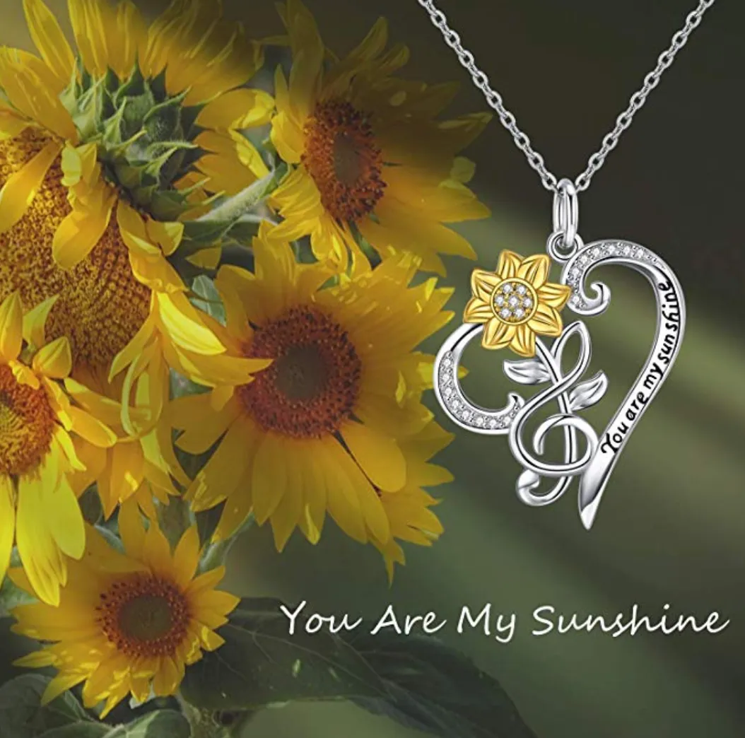 925 Silver Flower Necklace Treble Clef Diamond Heart Note Music Flower Pendant Mothers Day Anniversary Jewelry Singer Gift 20in.