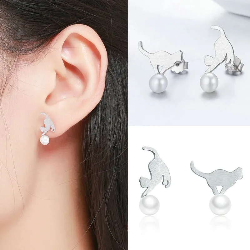 925 Sterling Silver Cute Cat Stud Earrings for Women