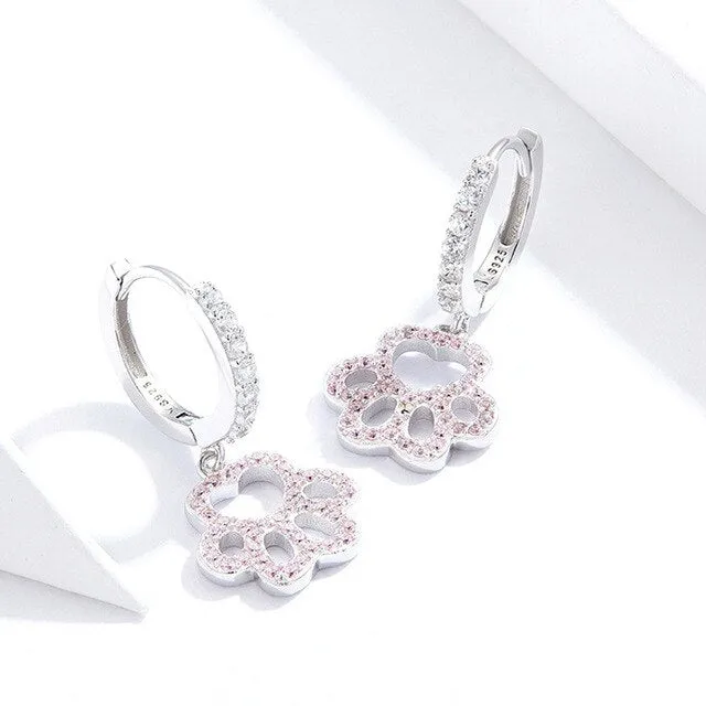 925 Sterling Silver CZ Paw Pink CZ Drop Earrings