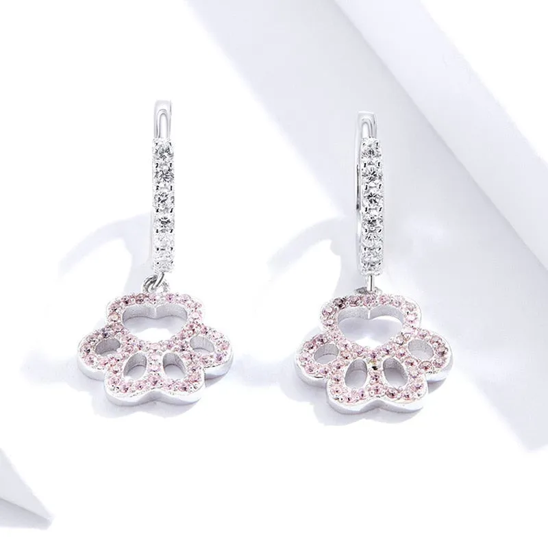 925 Sterling Silver CZ Paw Pink CZ Drop Earrings