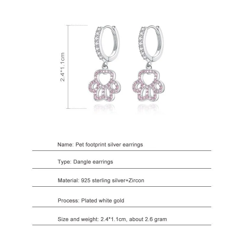 925 Sterling Silver CZ Paw Pink CZ Drop Earrings