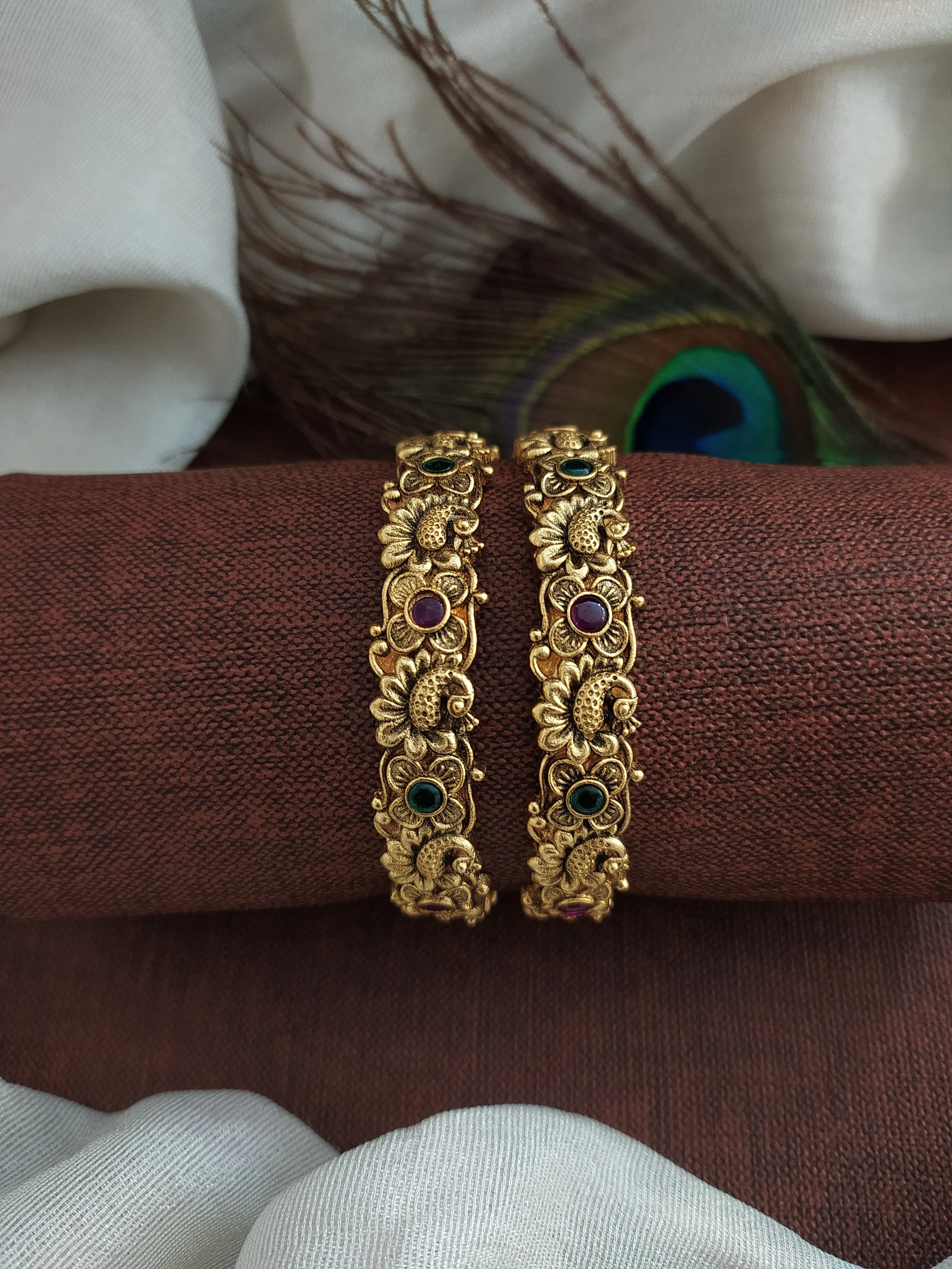 A Timeless Fusion of Floral & Peacock Design Antique Bangles