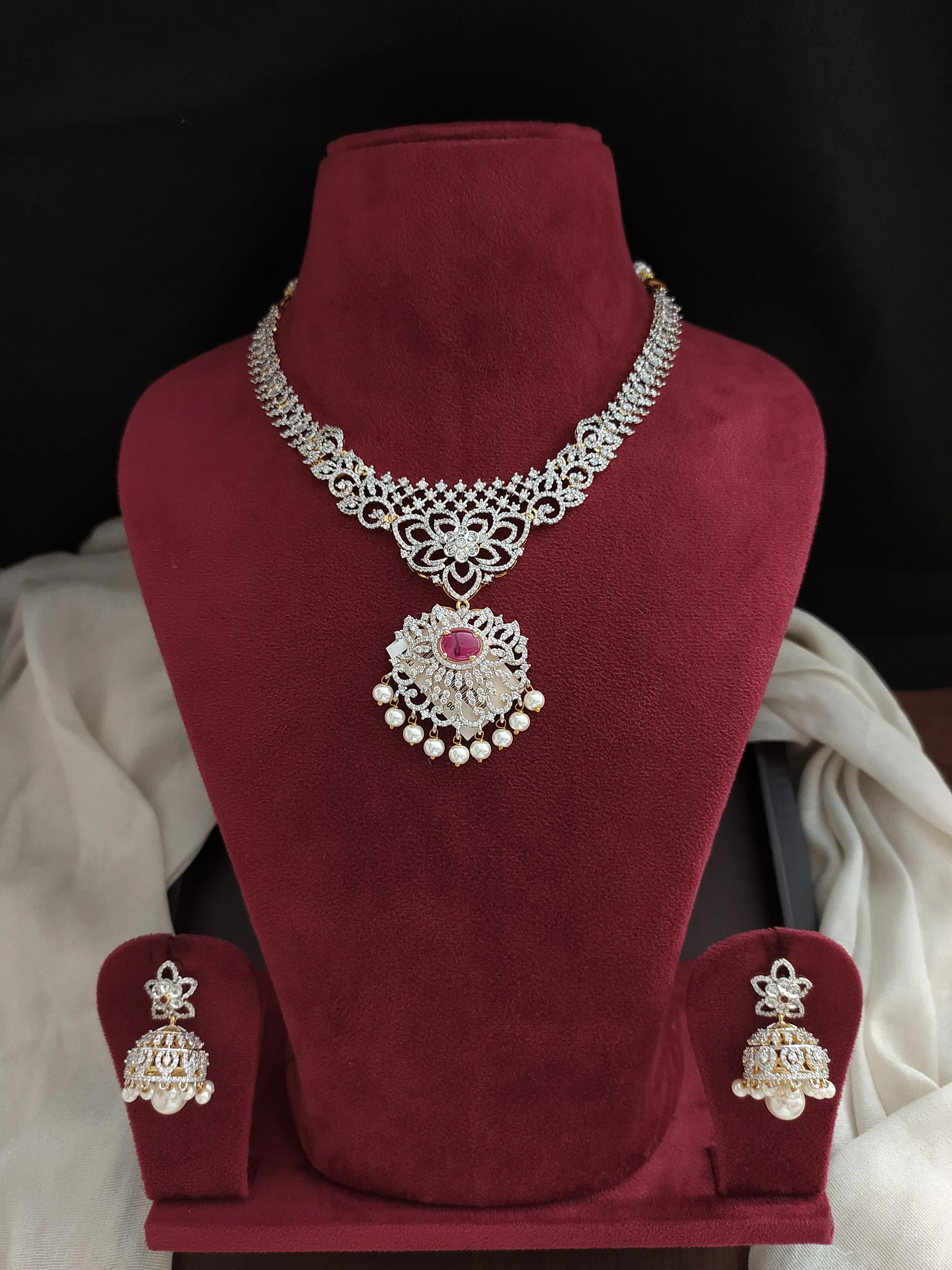 AD & Zircon necklace set With White Pearl Dangling