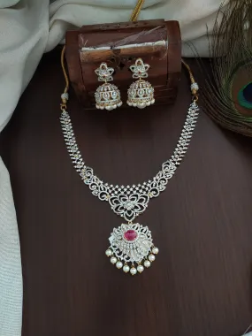 AD & Zircon necklace set With White Pearl Dangling