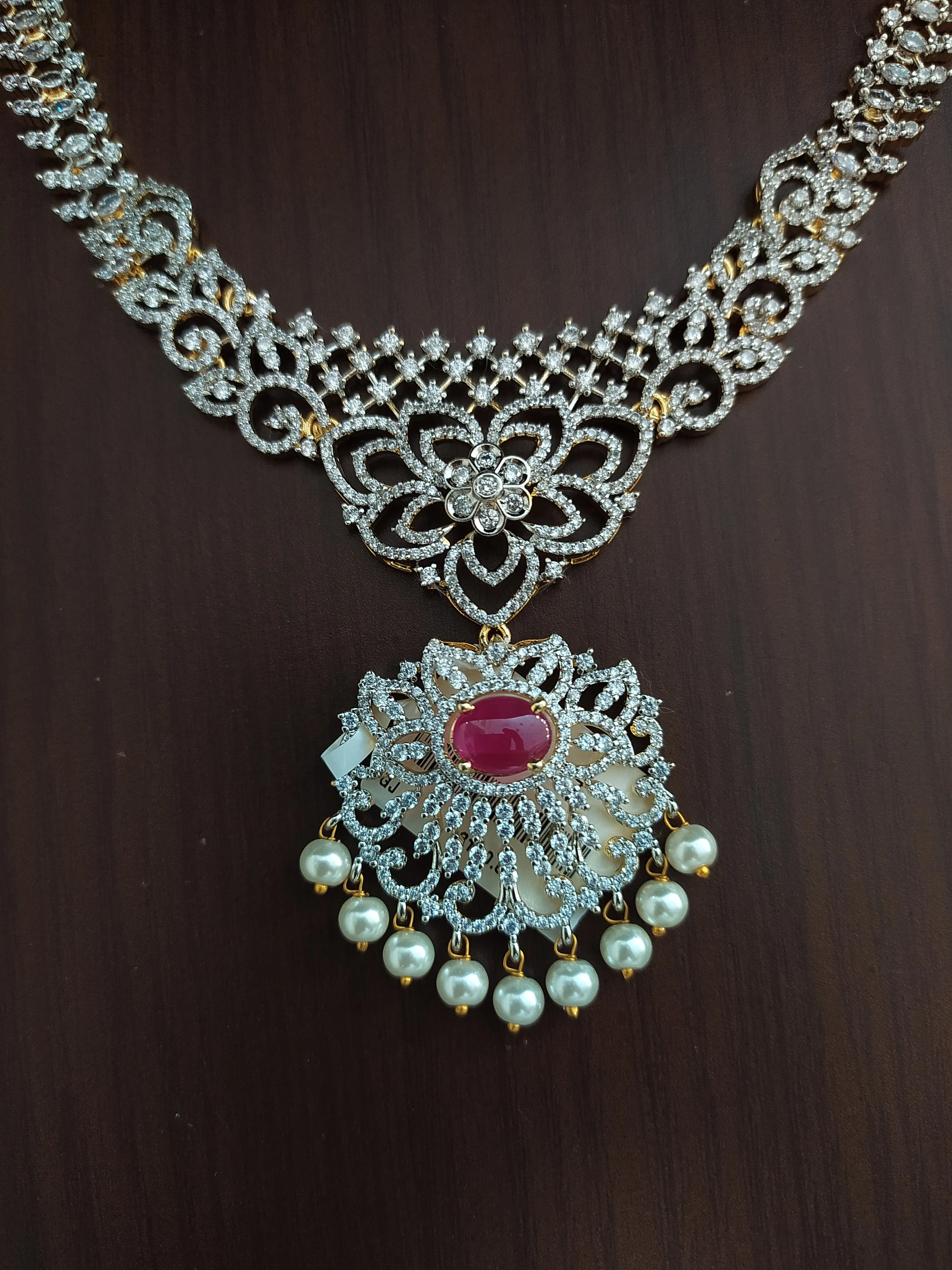 AD & Zircon necklace set With White Pearl Dangling