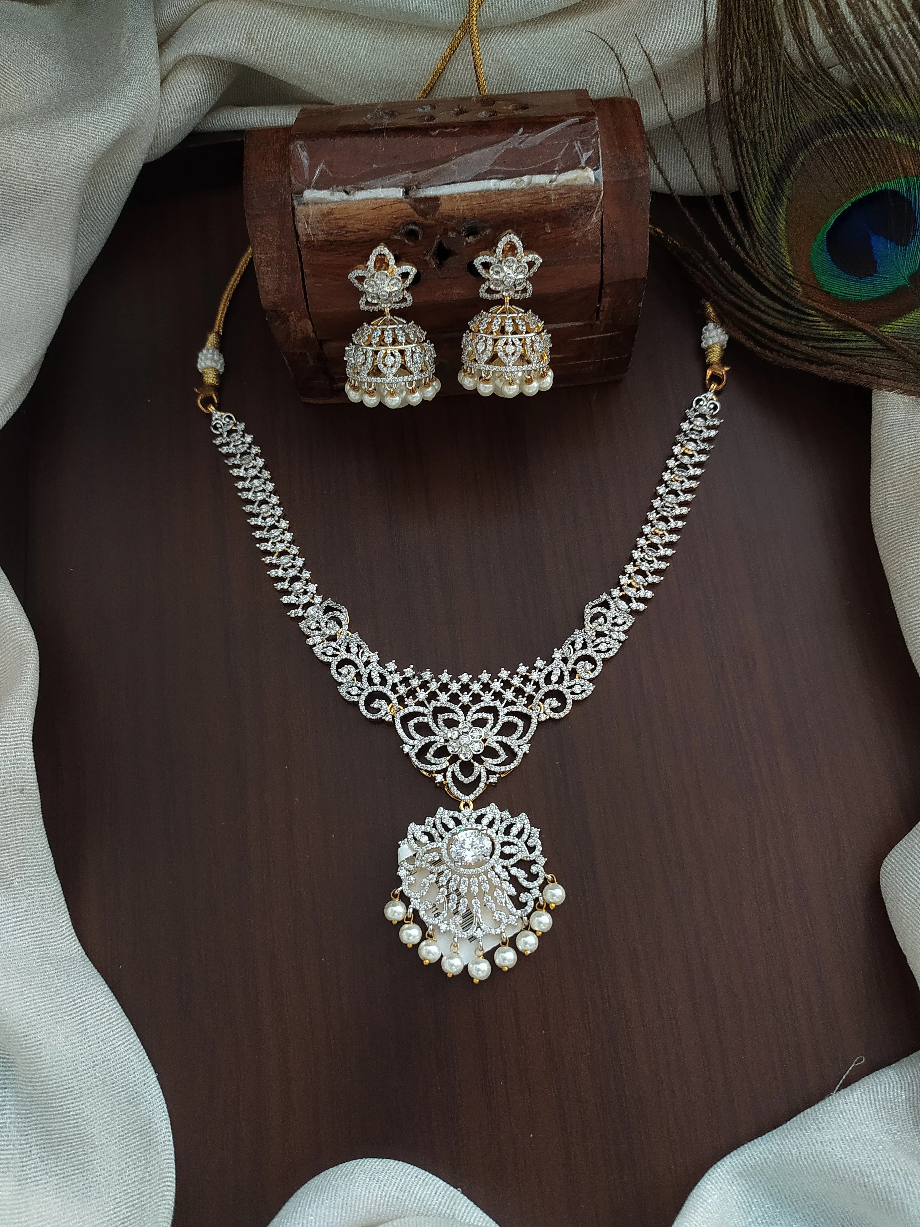 AD & Zircon necklace set With White Pearl Dangling