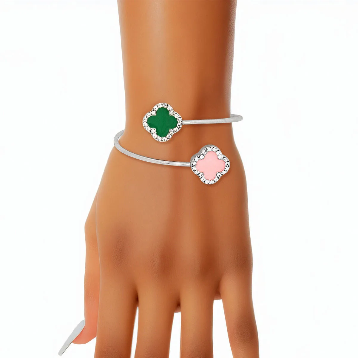 AKA Sorority Pink Green Stone Clover Open Bangle