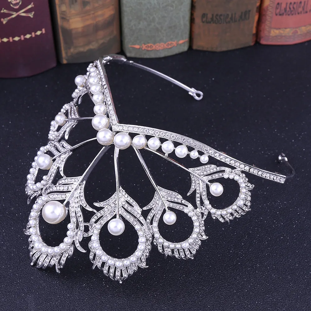 American rhinestone bridal tiara peacock feather pearl large crown wedding dress accessories crown