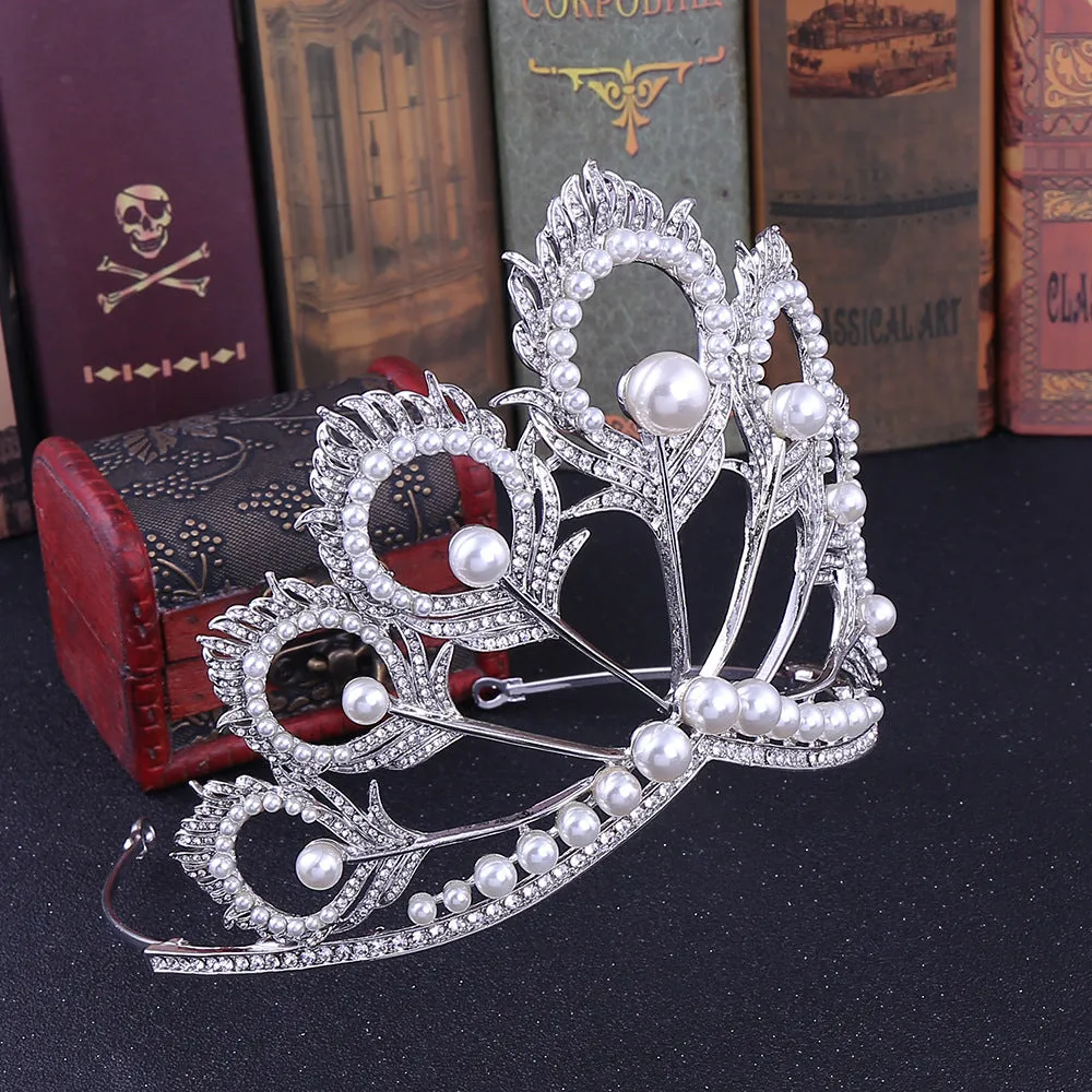 American rhinestone bridal tiara peacock feather pearl large crown wedding dress accessories crown