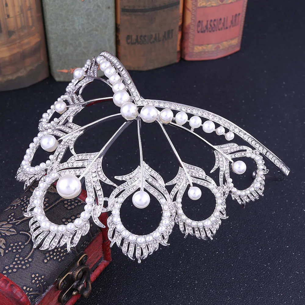 American rhinestone bridal tiara peacock feather pearl large crown wedding dress accessories crown