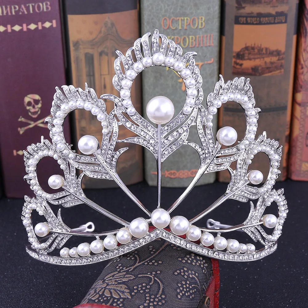 American rhinestone bridal tiara peacock feather pearl large crown wedding dress accessories crown