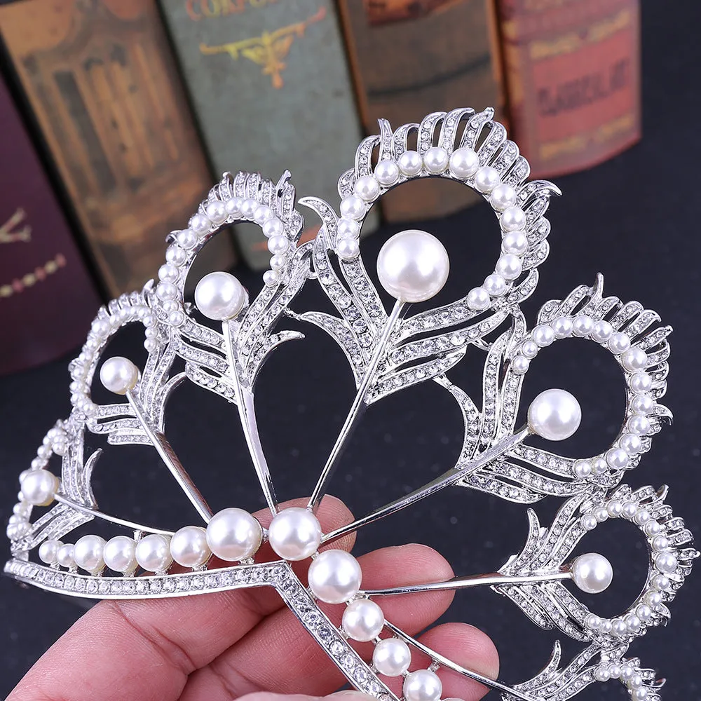 American rhinestone bridal tiara peacock feather pearl large crown wedding dress accessories crown