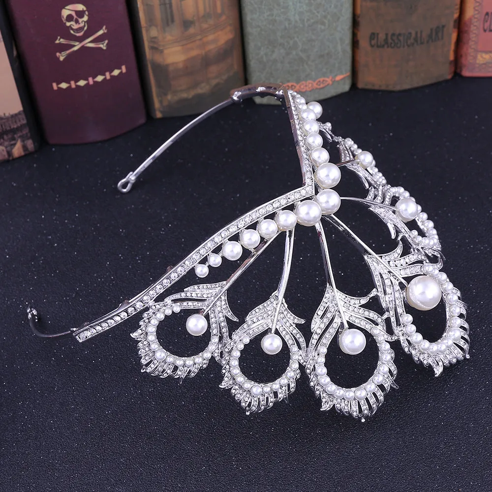 American rhinestone bridal tiara peacock feather pearl large crown wedding dress accessories crown