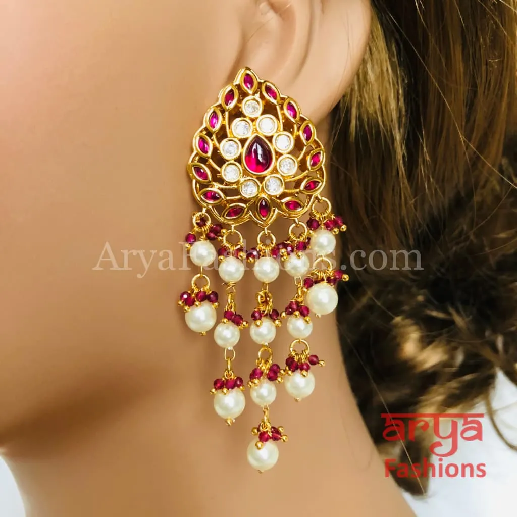 Anaira Golden Ruby Kundan Earrings with Pearl Beads