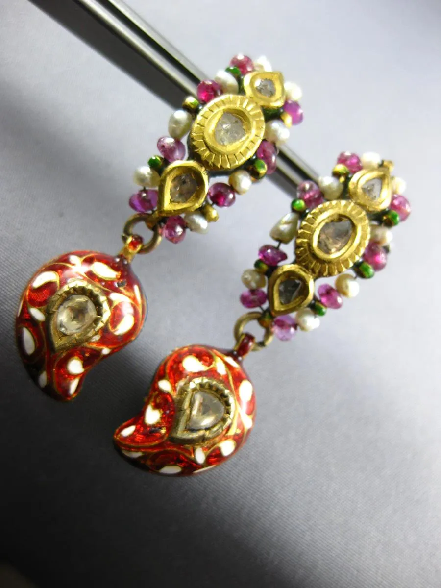 ANTIQUE ROSE CUT DIAMOND & RUBY PEARL ENAMEL 22K YELLOW GOLD 3D HANGING EARRINGS