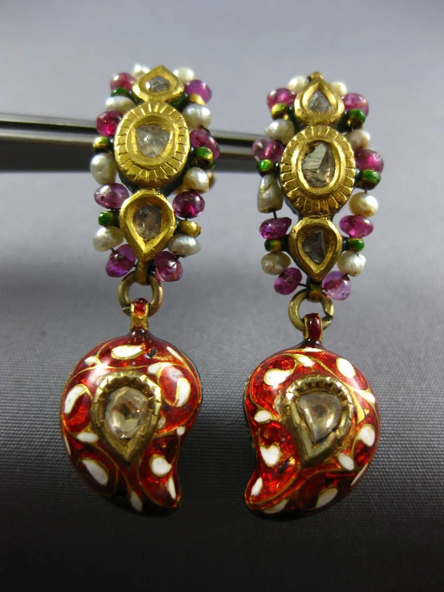 ANTIQUE ROSE CUT DIAMOND & RUBY PEARL ENAMEL 22K YELLOW GOLD 3D HANGING EARRINGS