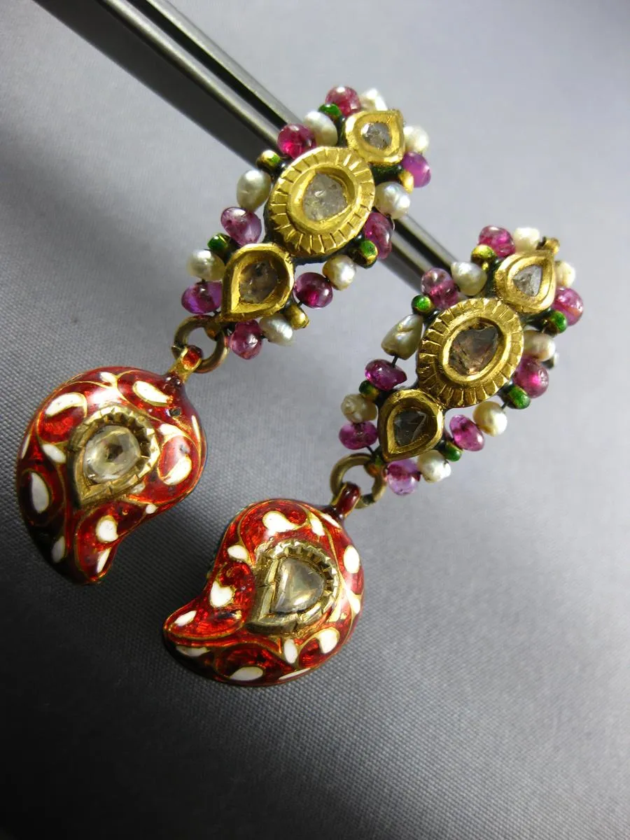 ANTIQUE ROSE CUT DIAMOND & RUBY PEARL ENAMEL 22K YELLOW GOLD 3D HANGING EARRINGS