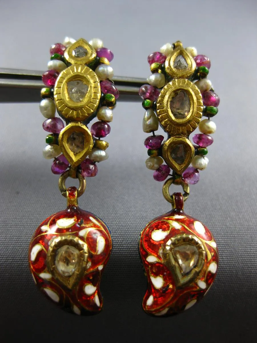 ANTIQUE ROSE CUT DIAMOND & RUBY PEARL ENAMEL 22K YELLOW GOLD 3D HANGING EARRINGS