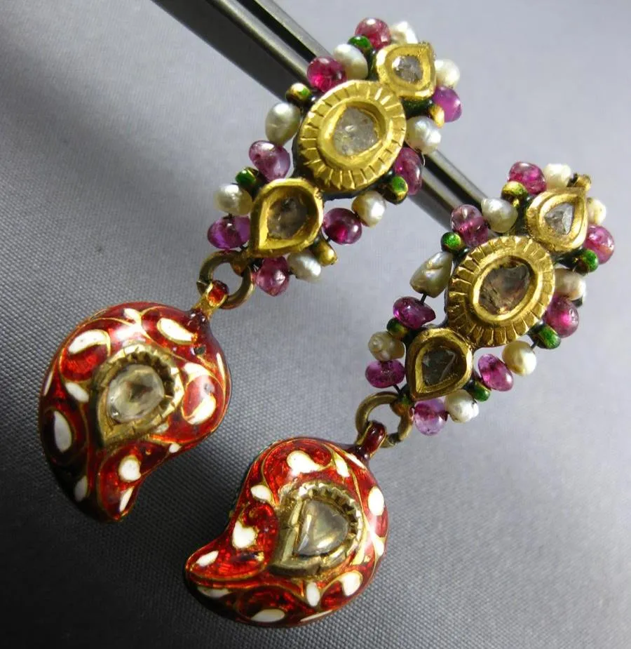 ANTIQUE ROSE CUT DIAMOND & RUBY PEARL ENAMEL 22K YELLOW GOLD 3D HANGING EARRINGS