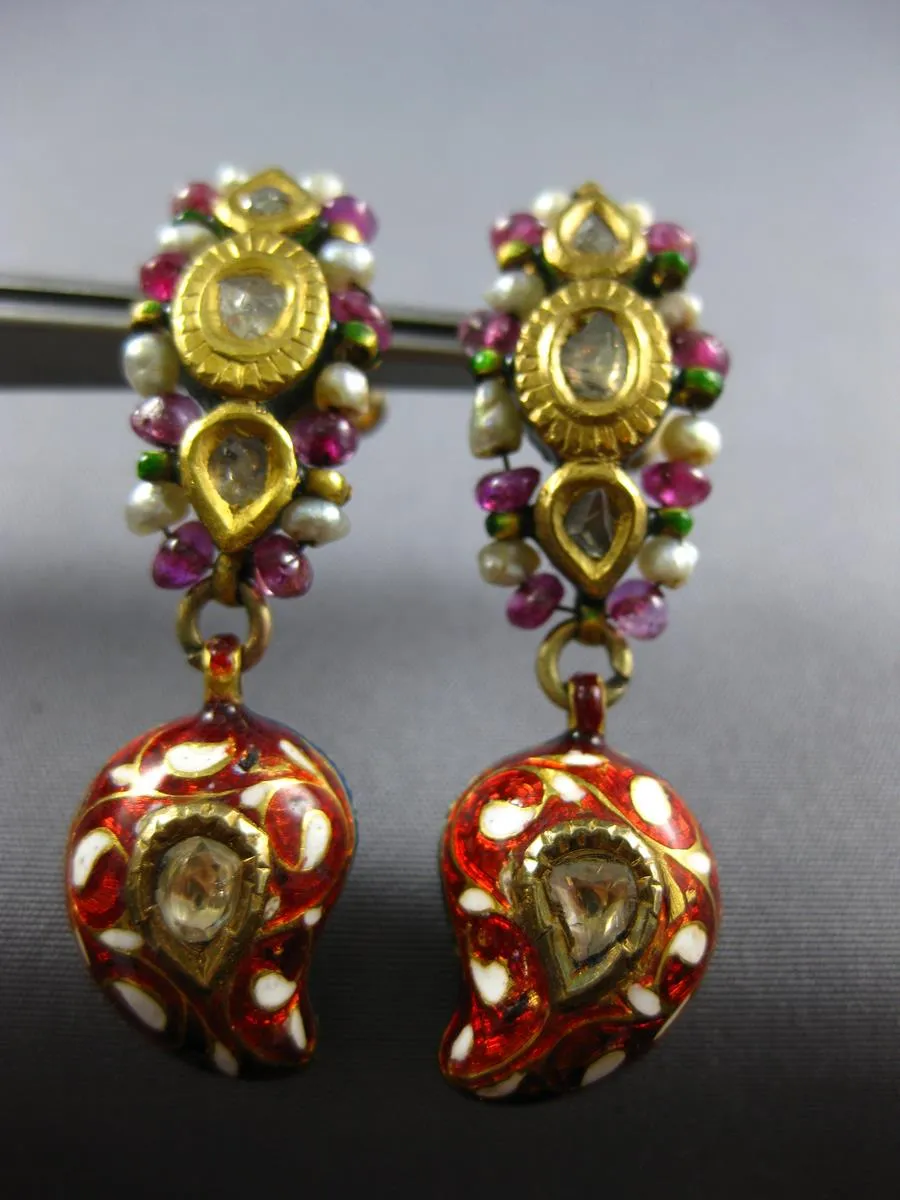 ANTIQUE ROSE CUT DIAMOND & RUBY PEARL ENAMEL 22K YELLOW GOLD 3D HANGING EARRINGS