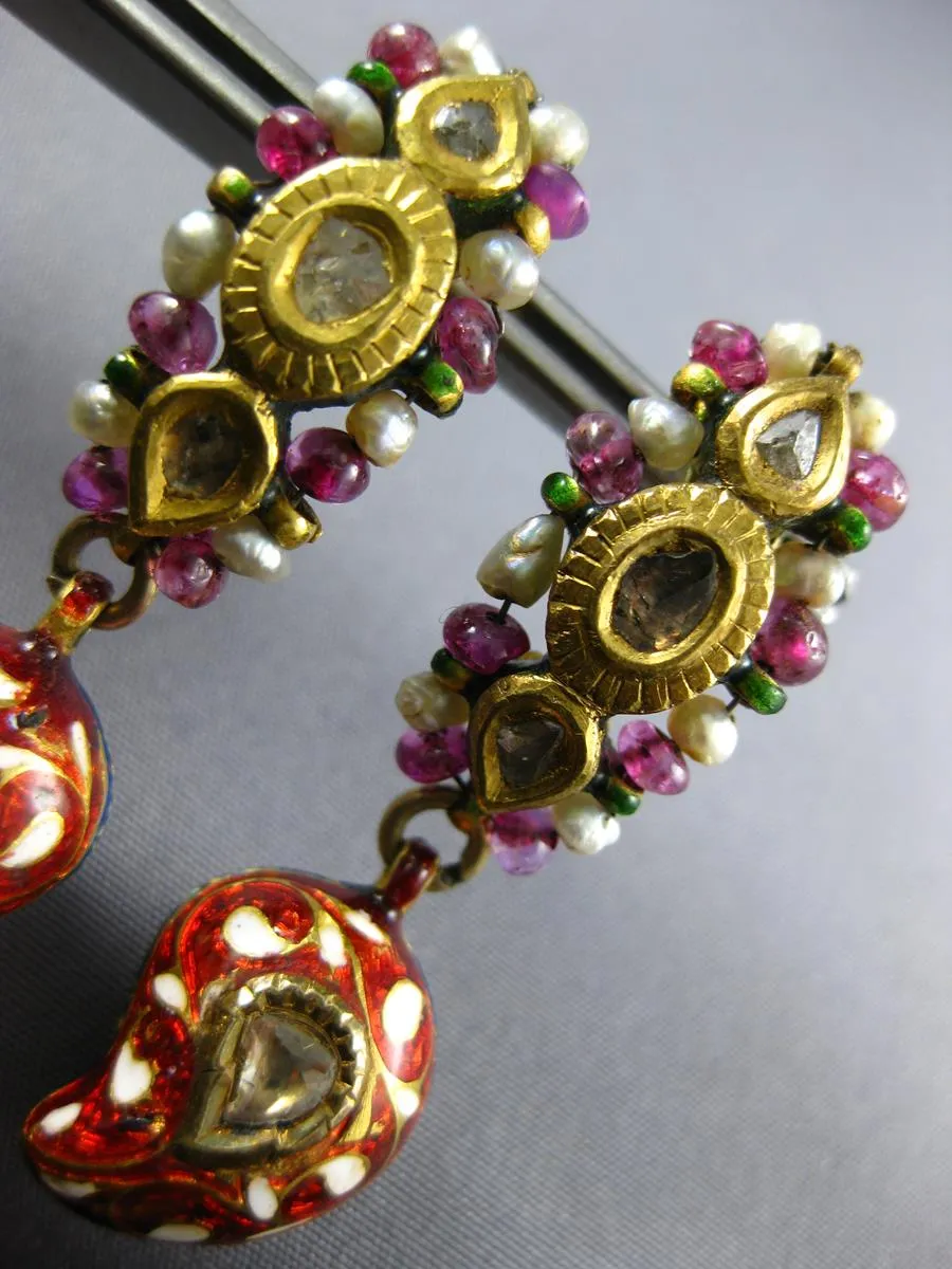 ANTIQUE ROSE CUT DIAMOND & RUBY PEARL ENAMEL 22K YELLOW GOLD 3D HANGING EARRINGS