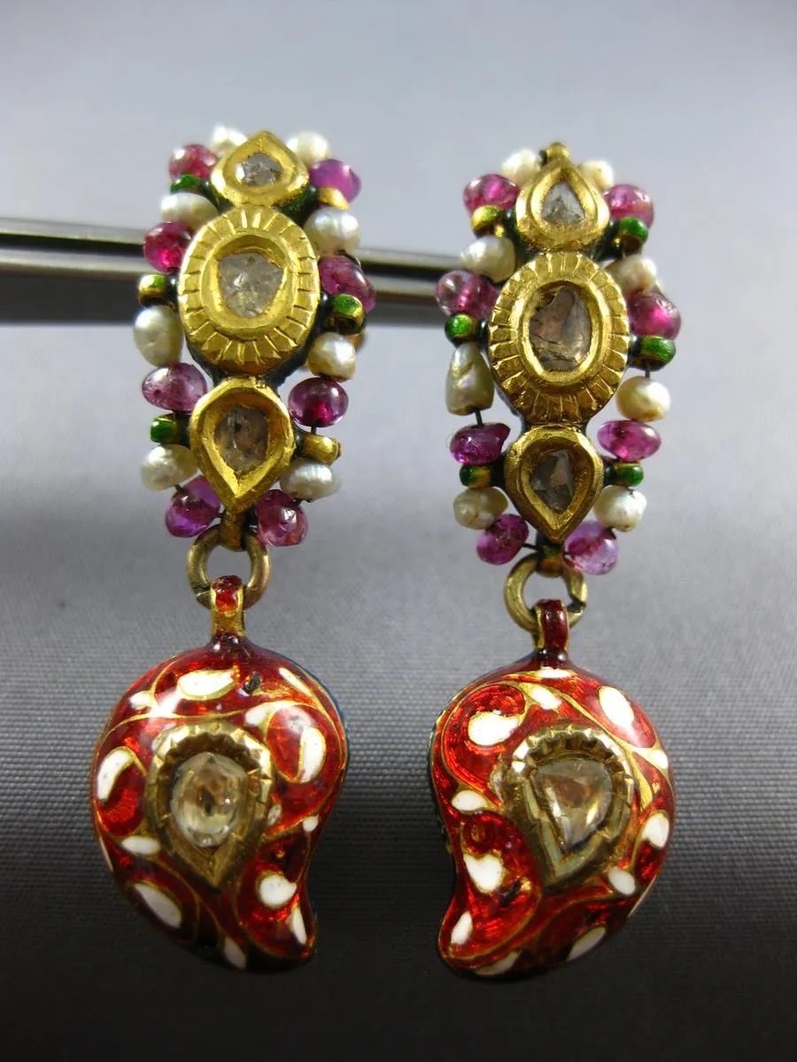 ANTIQUE ROSE CUT DIAMOND & RUBY PEARL ENAMEL 22K YELLOW GOLD 3D HANGING EARRINGS