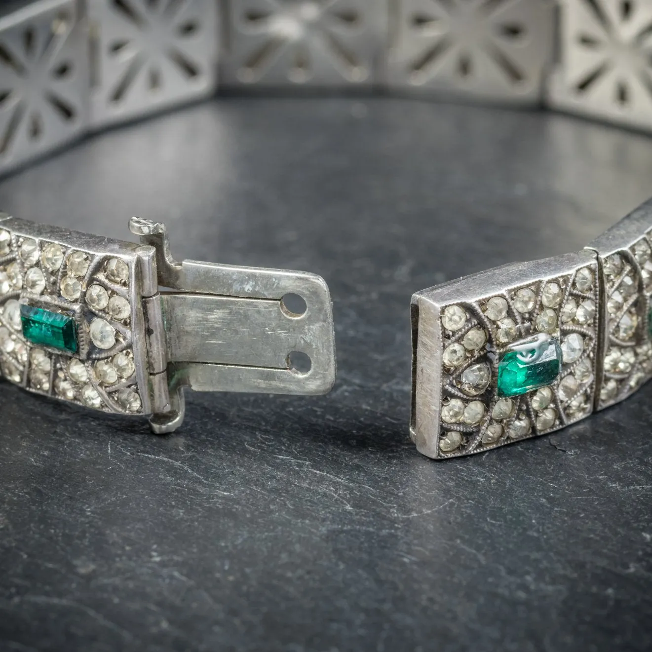 Art Deco Green Paste Stone Bracelet Sterling Silver Circa 1920