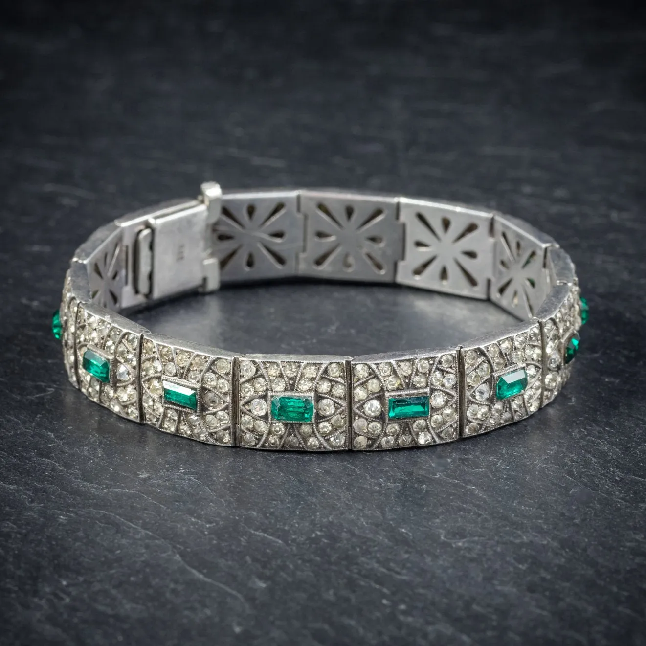 Art Deco Green Paste Stone Bracelet Sterling Silver Circa 1920