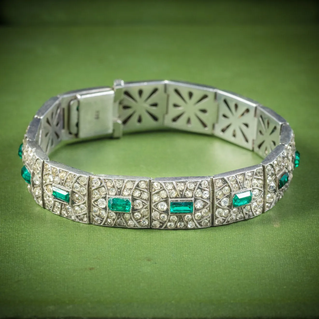 Art Deco Green Paste Stone Bracelet Sterling Silver Circa 1920