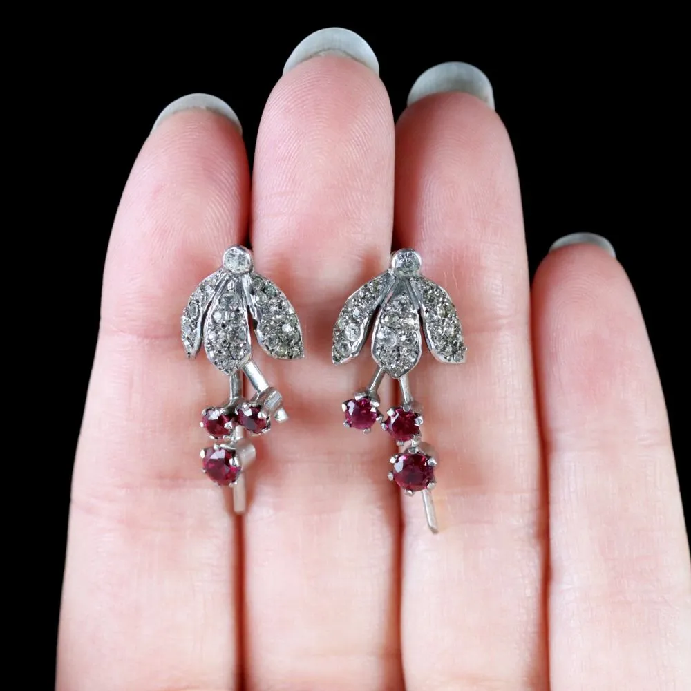 Art Deco Sterling Silver Ruby Paste Fuchsia Drop Earrings Circa 1920