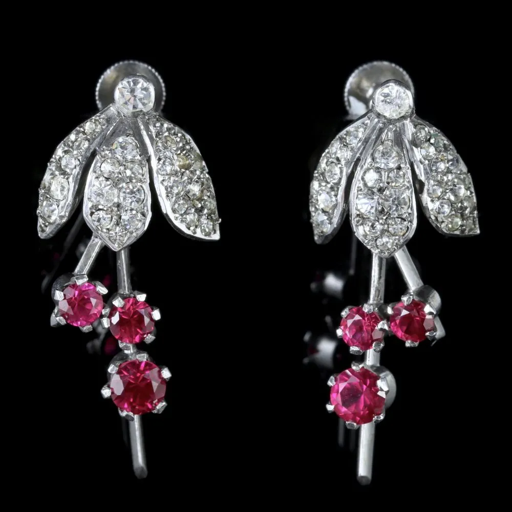 Art Deco Sterling Silver Ruby Paste Fuchsia Drop Earrings Circa 1920