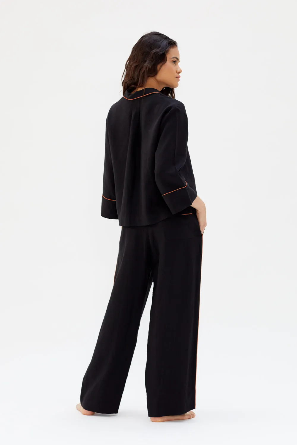 Aubrey Black Linen Pyjama Set with Coral Piping