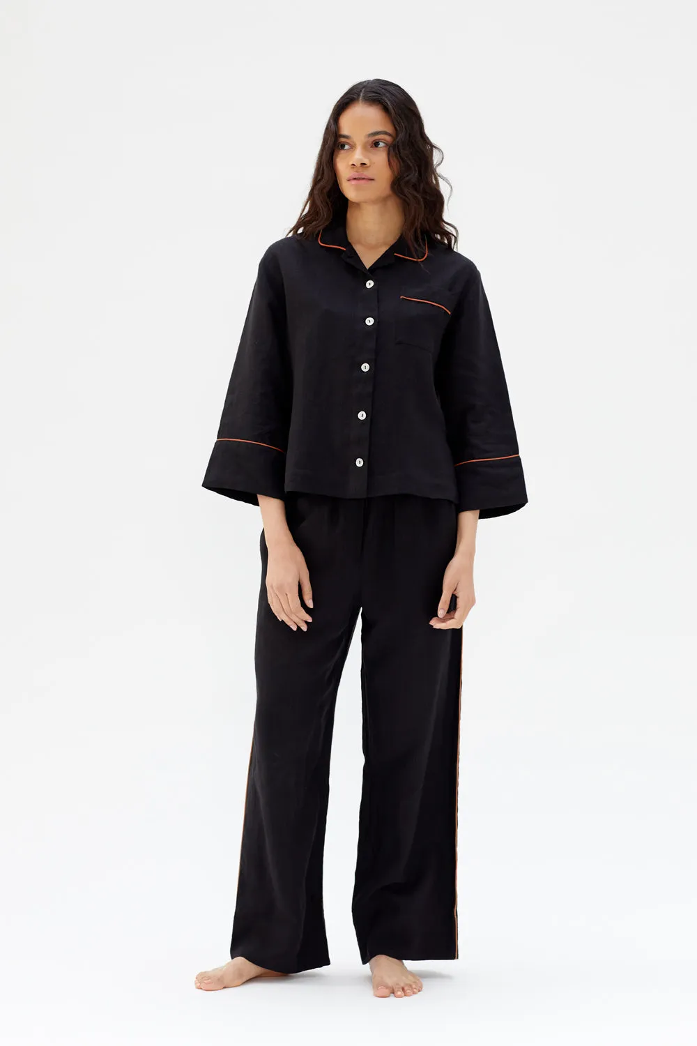 Aubrey Black Linen Pyjama Set with Coral Piping