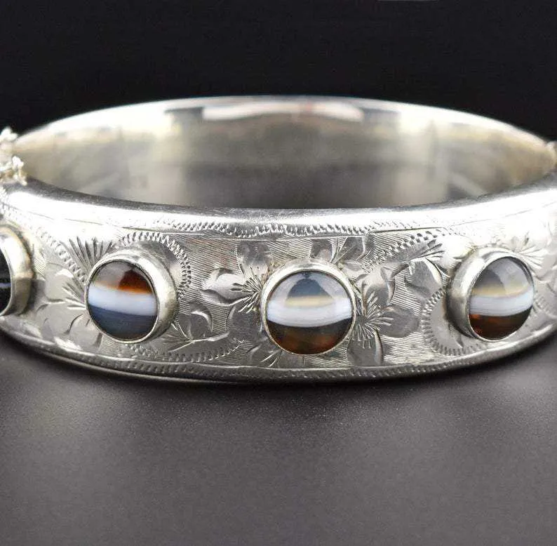 Banded Agate Vintage Engraved Silver Bracelet