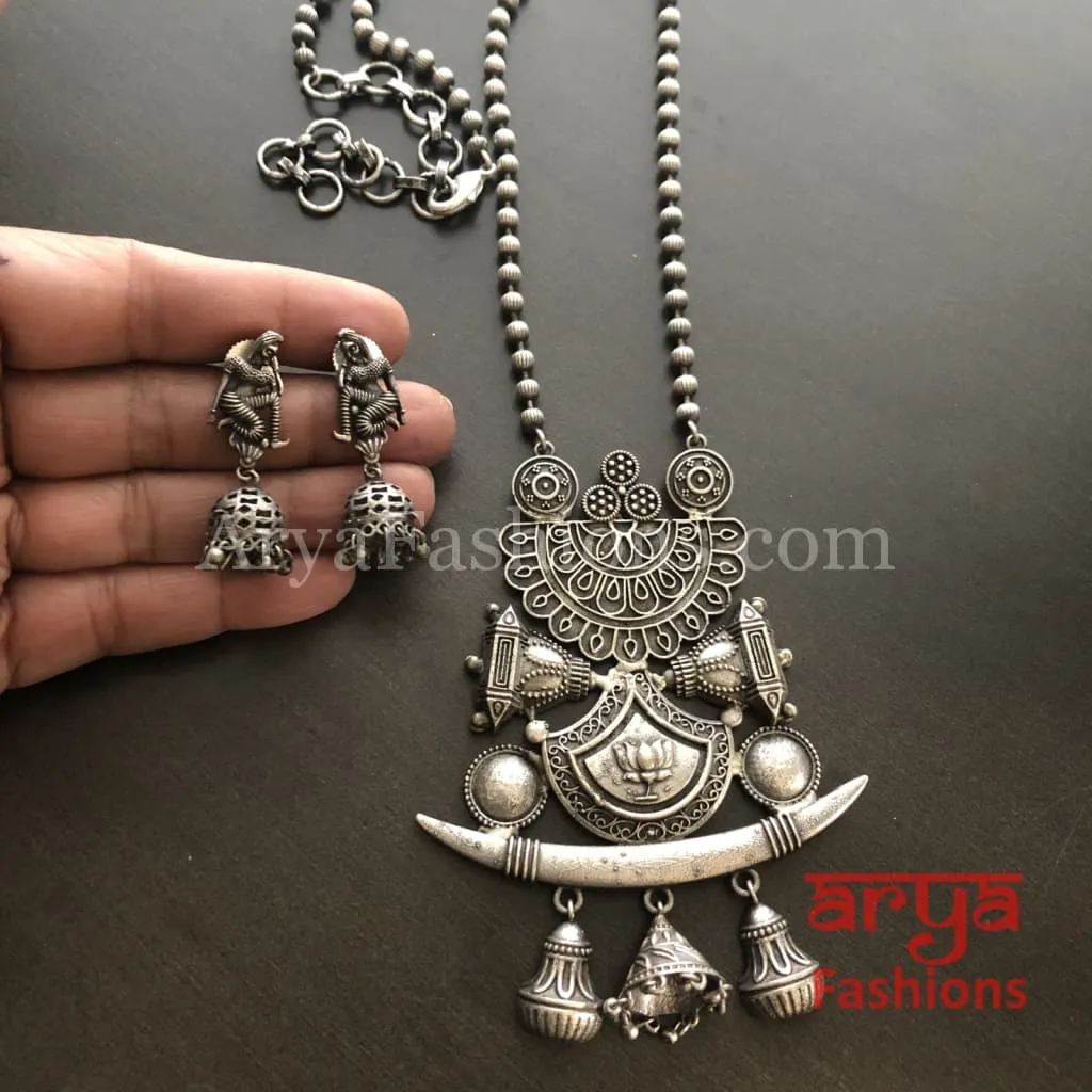 Barat Theme Silver Oxidized Tribal Necklace with Silver beads