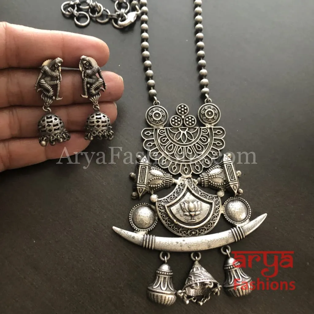 Barat Theme Silver Oxidized Tribal Necklace with Silver beads