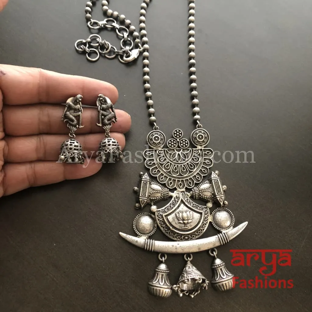 Barat Theme Silver Oxidized Tribal Necklace with Silver beads