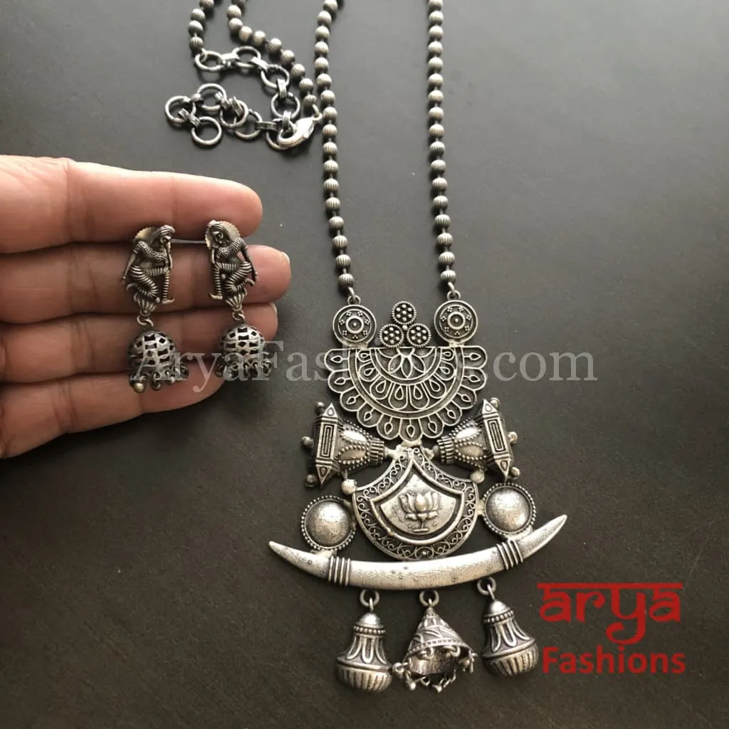 Barat Theme Silver Oxidized Tribal Necklace with Silver beads