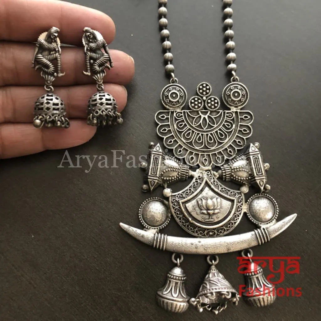 Barat Theme Silver Oxidized Tribal Necklace with Silver beads