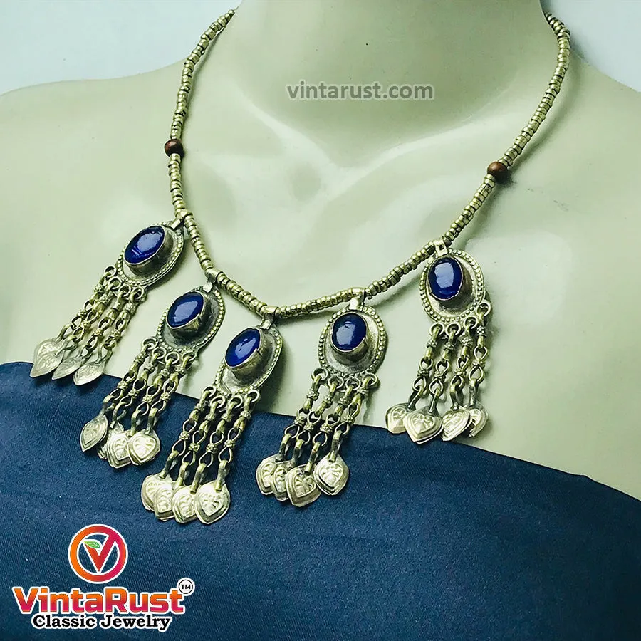 Beaded Chain Choker Necklace With Dangling Tassels and Blue Stone