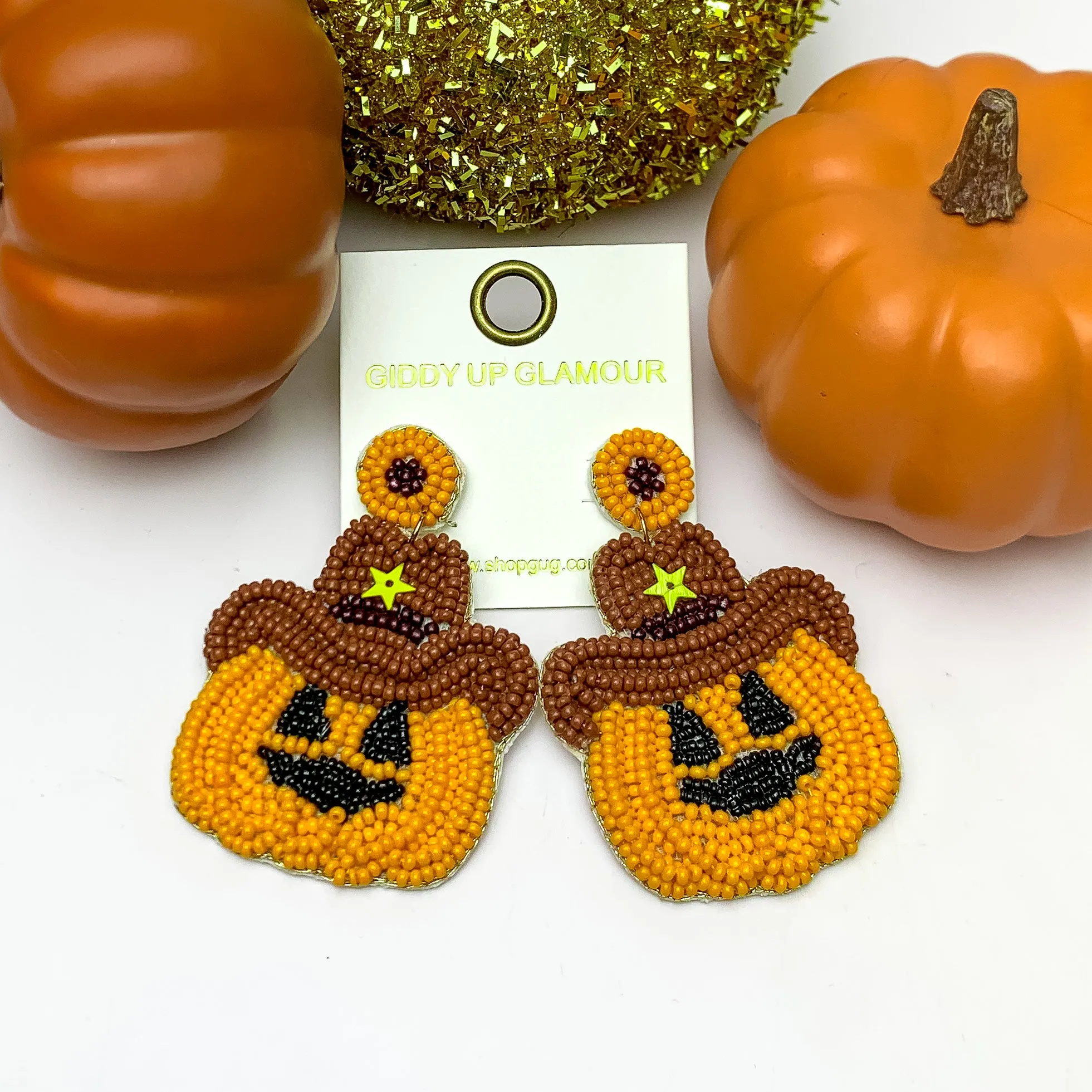 Beaded Pumpkin Earrings With Brown Cowboy Hat