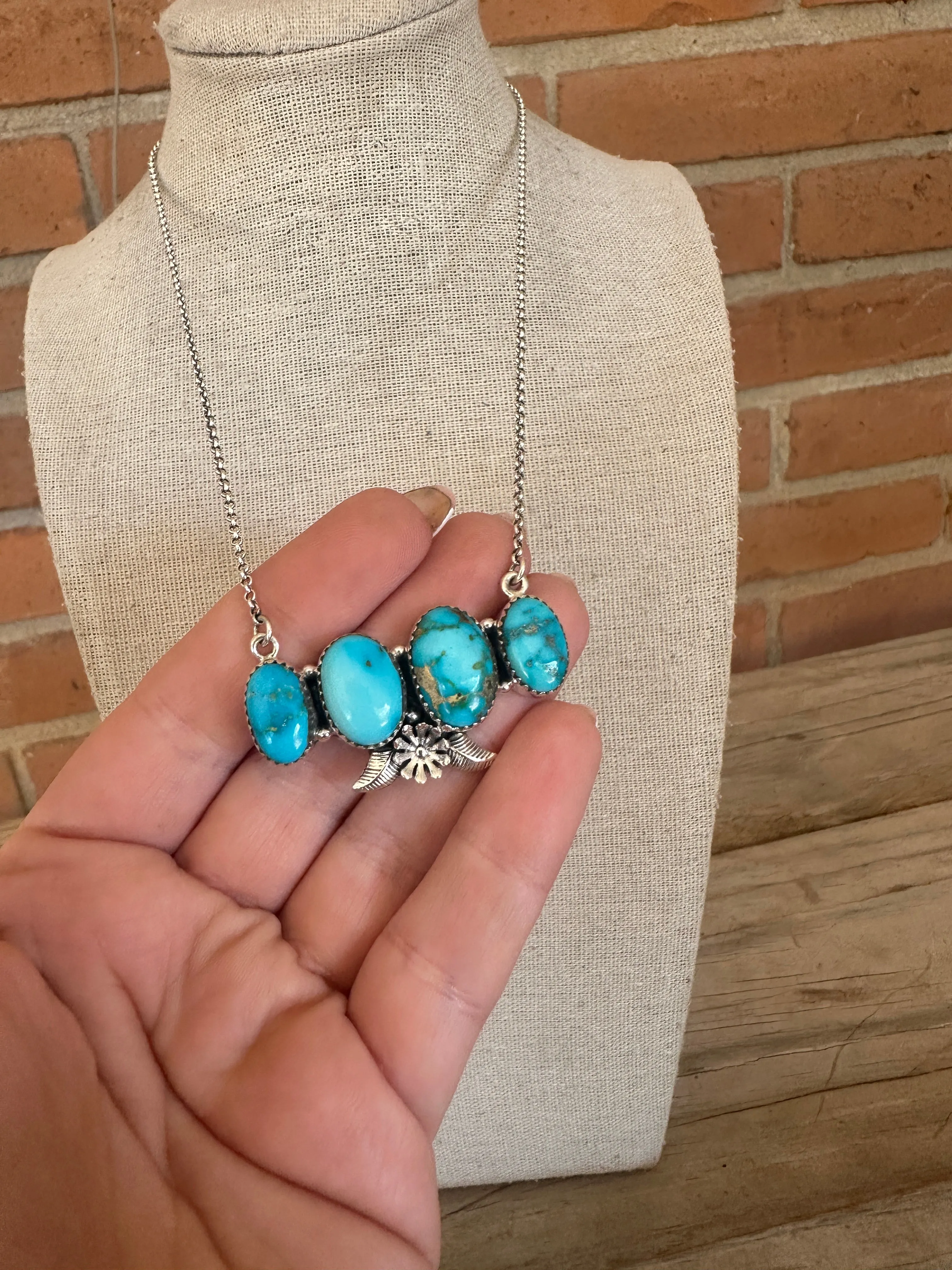 Beautiful Handmade Sterling Silver & 4 Stone Sonoran Mountain Turquoise Necklace