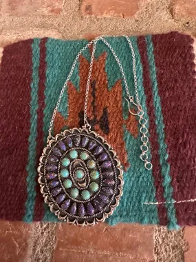 Beautiful Handmade Sterling Silver, Purple Dream Mojave & Turquoise Cluster Necklace Signed Nizhoni