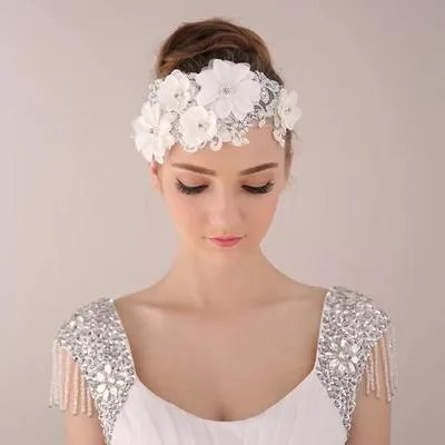 Beautiful Lace Appliqué Crystal & Pearl Flower Wedding headpiece