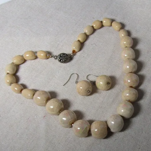 Beige Kazuri Necklace & Earrings African Inspired Handmade