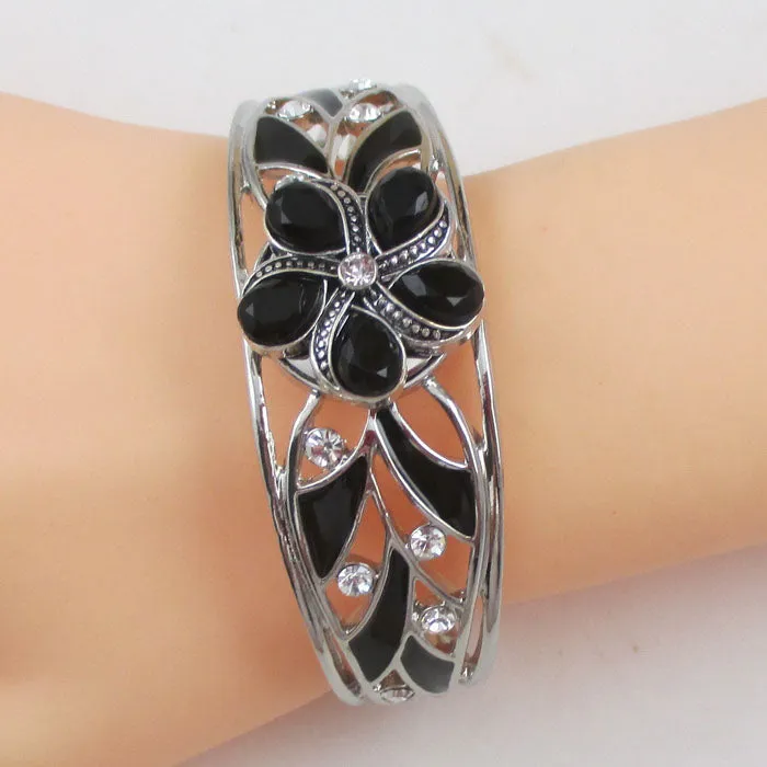 Black & Silver Cuff Bracelet Rhinestone Bangle Bold Bling