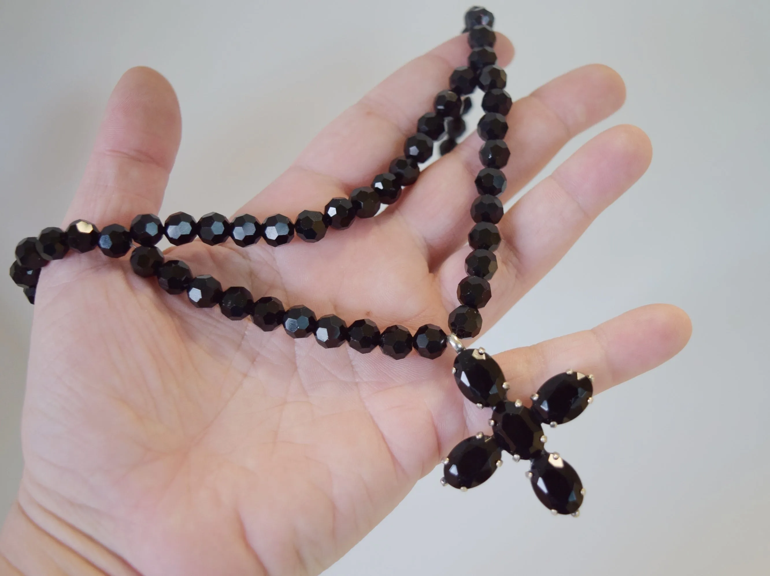 Black Double Stranded Cross Necklace - Glass Jet