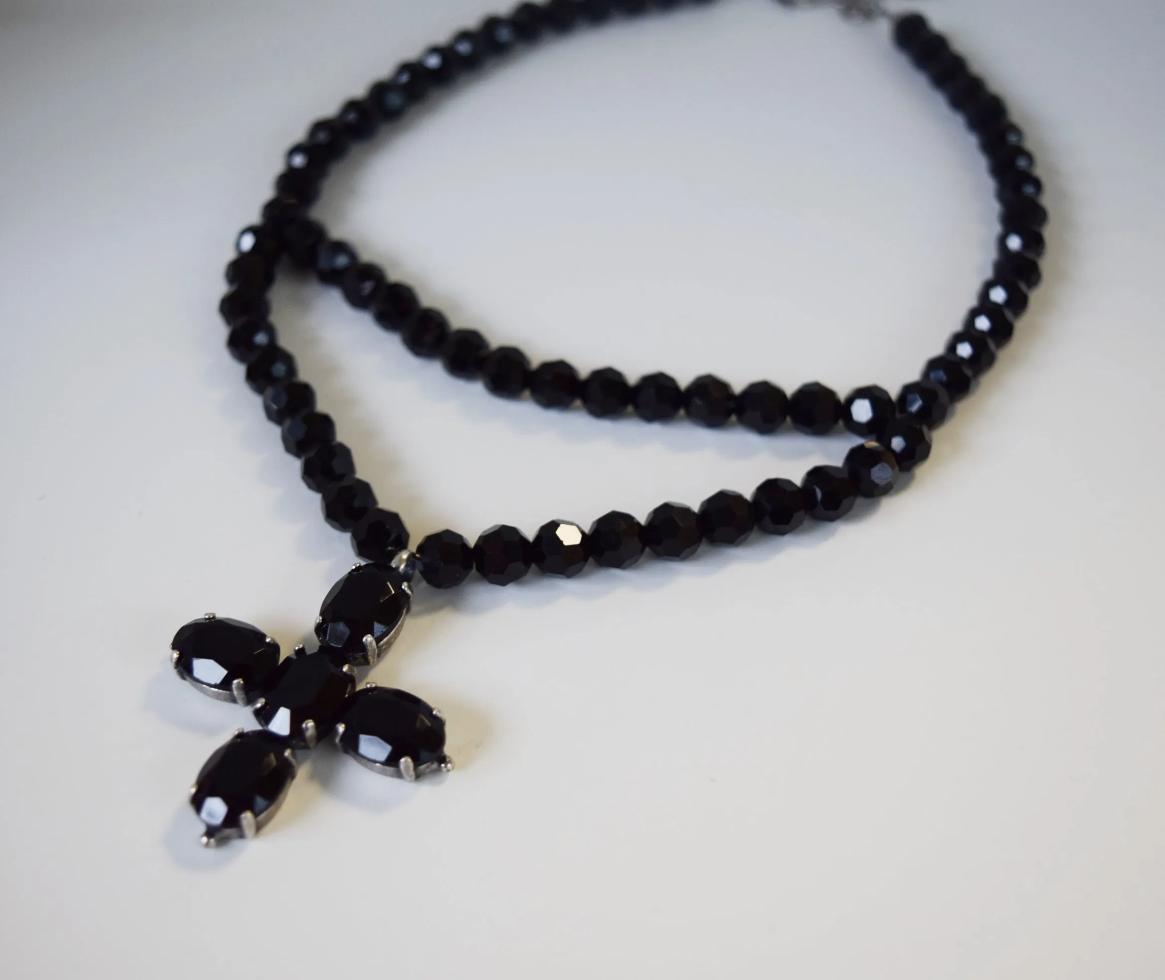 Black Double Stranded Cross Necklace - Glass Jet