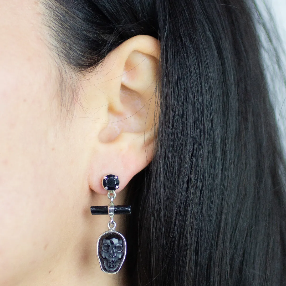 Black Onyx, Black Tourmaline & Black Obsidian Skull Stud Earrings